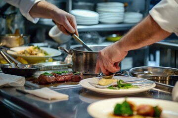 Chef prepares fine dinner in London restaurant kitchen. Hands expertly chop vegetables, meat, sauce for plate. Modern kitchen equipment, white counter, shiny bowl. Pro chef cooks in London eatery.