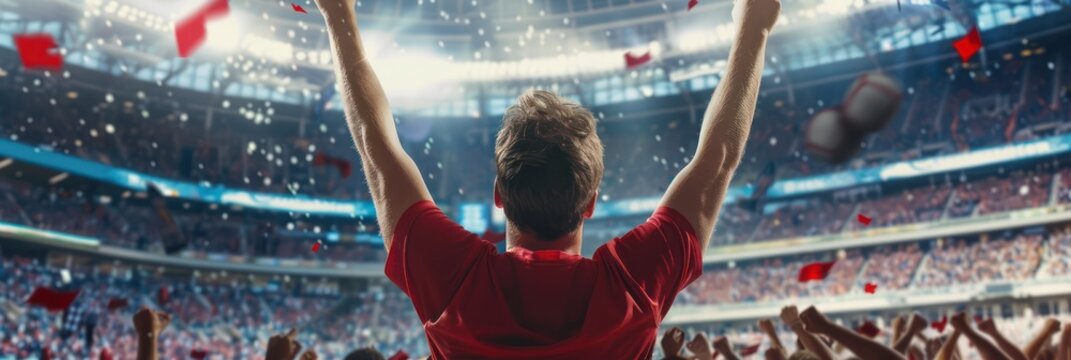 Vibrant soccer player celebrates victory in stadium filled with cheering fans. Red-clad athlete raises arms triumphantly as confetti falls around them.