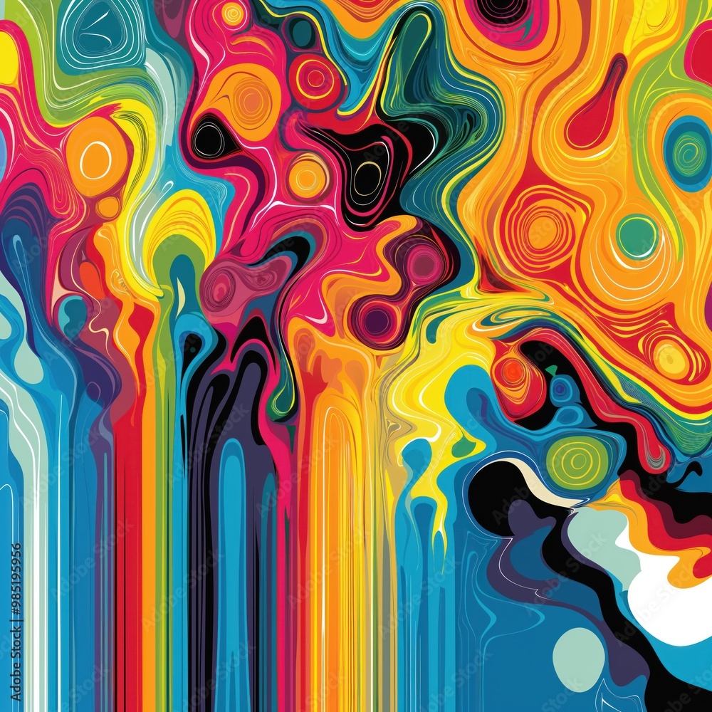 Poster Vibrant abstract design with bright colors, unique texture. Background features intricate patterns, shapes in digital painting style. Colors bold, shiny, creating lively atmosphere. Perfect for