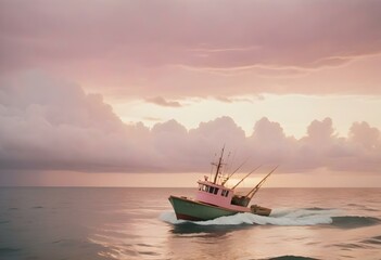 Fototapeta premium A fishing boat on the open ocean with a cloudy sky in the background
