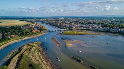 Aerial view of Colchester Hythe in Essex, England. River, building with seaweed in calm water. Cars on street with tree, landmark in cityscape. Famous landmark in Britain with architecture, city