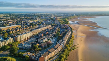 Fototapeta premium Aerial view of Colchester Hythe waterfront in Essex, England. River Colne meets sea at Colchester Marina. Seaweed-covered shore, historic buildings, trees, roadways. Cars drive along seafront road.