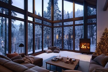 Fototapeta premium Cozy interior of a house with big windows to snowy forest and a roaring fireplace. Wooden furniture, modern design, calm atmosphere, warm lighting. Snowflakes fall outside, frosty winter scene.