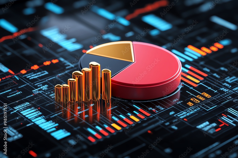 Poster abstract pie chart and bar graph, layered together in a dynamic, modern business analytics graphic
