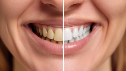 Close-up comparison of woman smile before and after teeth whitening treatment. Healthy teeth enamel, whitened and shiny. Happy female patient with bright smile, joy and confidence.