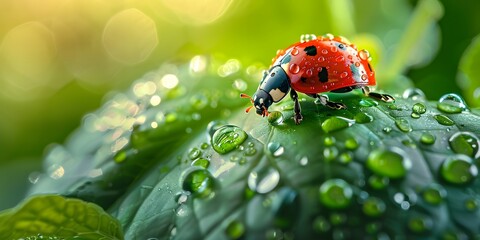 Ladybug crawling on dewy leaf.