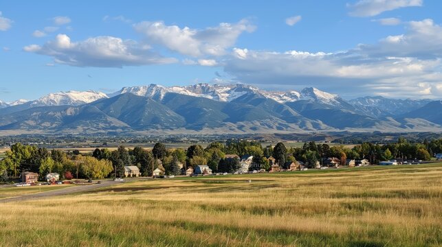 Rich mountains, Bridger range in Bozeman, Montana. Mountainous landscape with town below. Urban buildings, trees, nature blend. Sky with clouds, scenic view of mountain range.