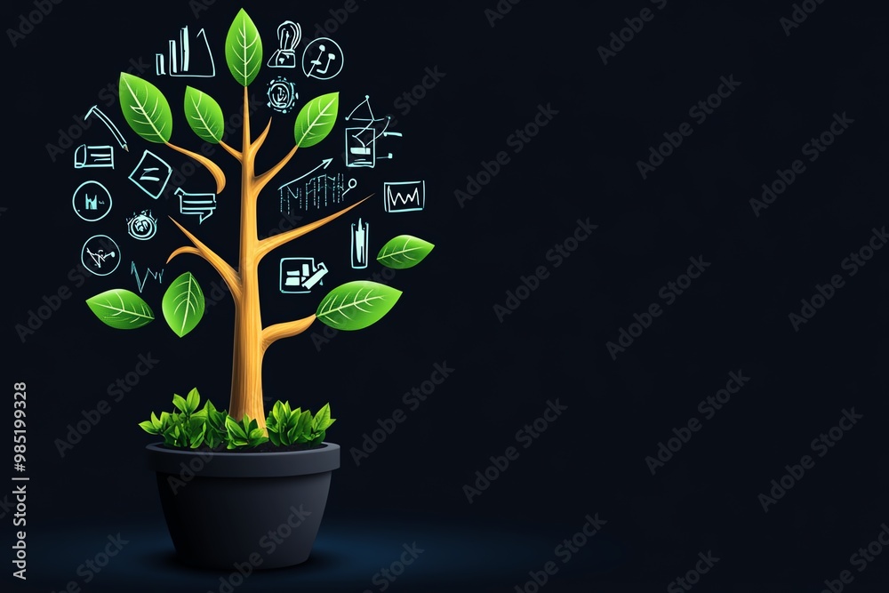 Poster Abstract tree of growth, with branches representing different aspects of business development like strategy, marketing, and innovation