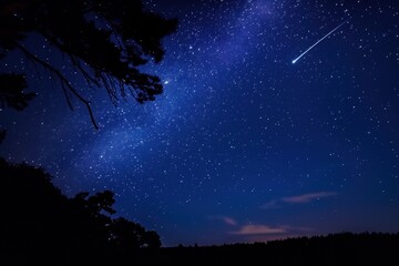 Fototapeta premium Starry blue night sky with shooting star. Galaxy background with numerous twinkling lights. Dark blue hue with glow of distant stars. Beautiful cosmic scene with mystery and wonder.