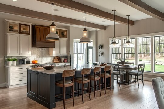 Modern New England colonial home interior design. Large kitchen island with wood seating, pendant, hanging cabinets. Beautifully designed room with modern furniture, decorative style. Contemporary