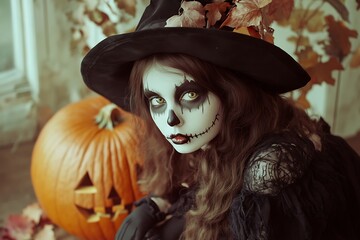 Spooky Halloween Witch with Jack o' lantern Makeup