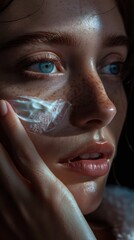 Fototapeta premium Close-up portrait of beautiful woman with striking blue eyes and brown hair, freckles on her cheeks. She applies cream to her face in dark background, holding small paper or card in her right hand.