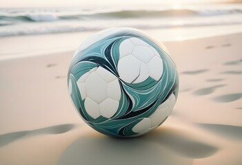 A white and green soccer ball with black and blue accents