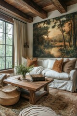 A cozy living room featuring a warm color palette, rustic furniture, and a nature-themed wall painting, Ideal for showcasing interior design, home decor ideas, or lifestyle blogs,