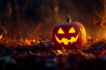 Spooky Jack o' Lantern with Glowing Eyes in Autumn Leaves for Halloween