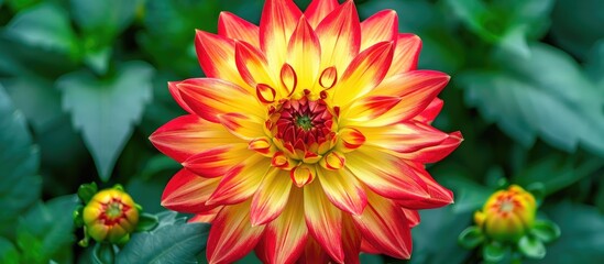 Obraz premium Red And Yellow Bicolor Dahlia Flower Blossoming In The Garden