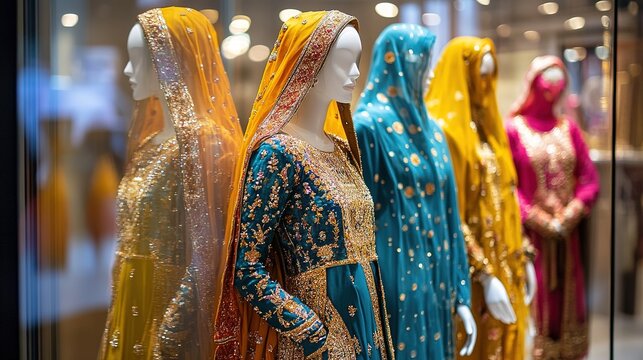 A vibrant display of traditional dresses in various colors, adorned with intricate embellishments, showcased on mannequins.