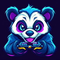Cute Panda Gaming Mascot with Controller,  Neon Esports Logo Design