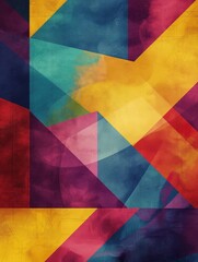 Abstract geometric shapes with colorful texture. Illustration features floral patterns, palm trees, earth tones. Modern design with minimalist aesthetic. Geometric shapes in blue, green, yellow,