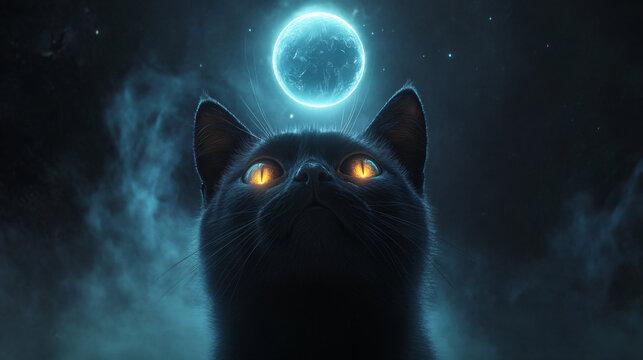 A black cat with glowing eyes staring at a mystical orb floating above its head.