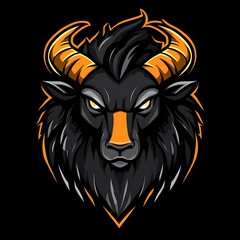 Black Bull Mascot with Orange Horns and Muzzle for Gaming Logo Design