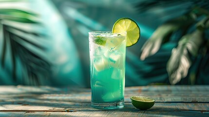 Refreshing Blue Cocktail with Lime Wedge and Ice Cubes on Rustic Wooden Table