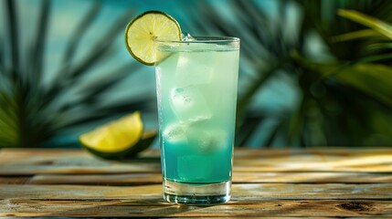 A Refreshing Blue Drink Garnished with a Lime Wedge on a Wooden Table