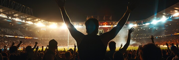 Vibrant crowd cheers at night rugby championship event in packed stadium lit by bright lights. From above, the scene is a blur of colors and energy as people stand together, arms raised in excitement.
