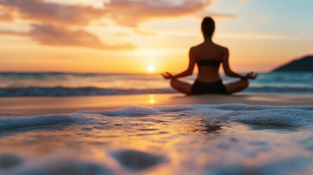 A woman meditating on the beach at sunset, sitting in a peaceful yoga pose with calm ocean waves in the background, promoting relaxation and mindfulness.