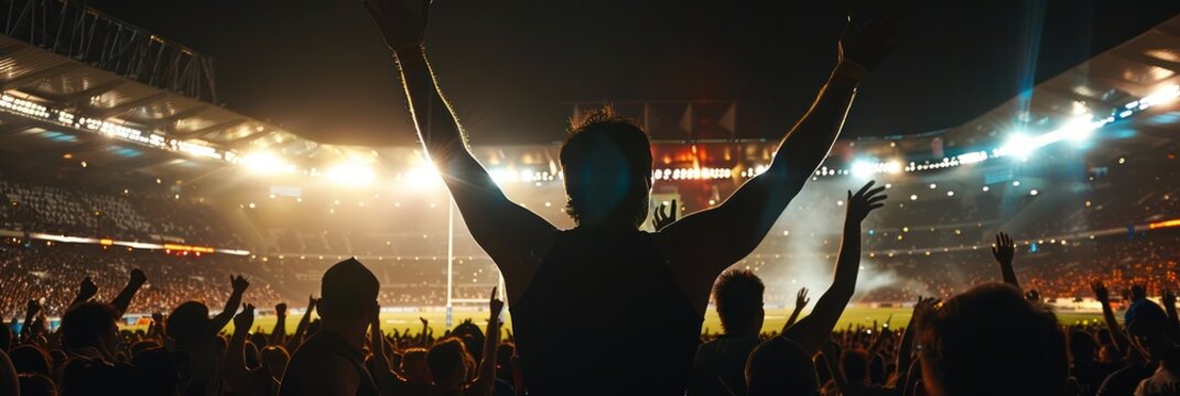 Vibrant crowd cheers at night rugby championship event in packed stadium lit by bright lights. From above, the scene is a blur of colors and energy as people stand together, arms raised in excitement.