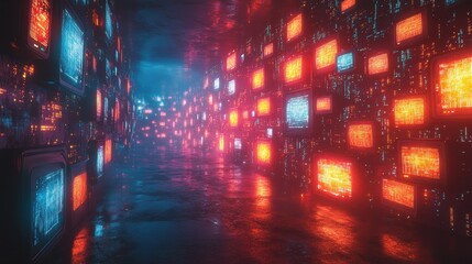 A futuristic hallway illuminated by vibrant screens displaying colorful patterns, This image can be ideal for tech-related projects, digital media, or backgrounds in gaming and virtual environments,