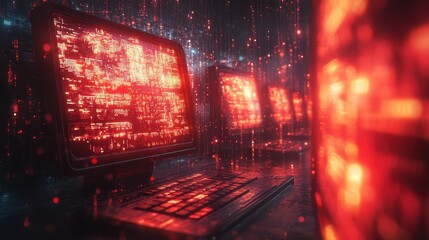 A futuristic scene featuring glowing red screens and a keyboard, creating a high-tech atmosphere, Ideal for technology-themed projects, cybersecurity discussions, or digital innovation presentations,