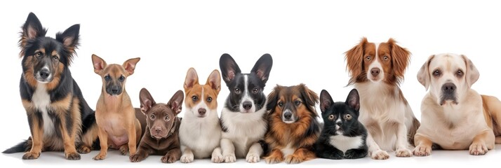 Group of adorable pets on white background. Various breeds including bulldog, chihuahua, cat, parrot, hamster, kitten, puppy. Domestic animals in a collage design. Cute and funny animals together.