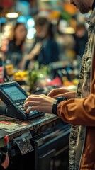 Naklejka premium A person interacting with a point-of-sale terminal in a busy environment, conveying the essence of modern retail transactions