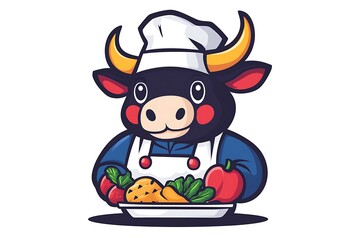 Cute cartoon bull chef with vegetables and fruits