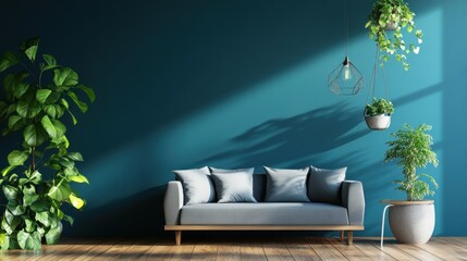 minimalist modern home decor with green-blue wall, hanging lamp, green plants on the side and gray sofa, soft light from outside the window creates warm and cozy view