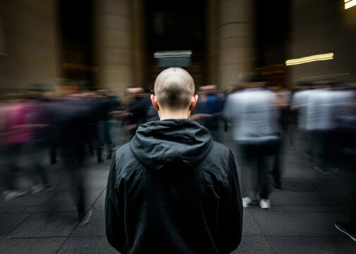 A lone man standing in the middle of a moving crowd. Social isolation and feeling of loneliness concept. Blurry motion effect.