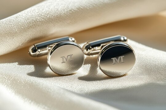 Pair of Silver Cufflinks with Engraved Letter M on a White Fabric Background