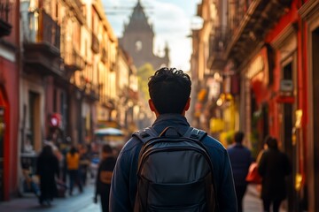 Obraz premium Backpacker Exploring a Vibrant City Street