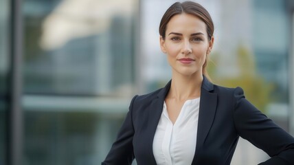 Naklejka premium Confident businesswoman standing outside a corporate building, strong eye contact, hands on hips business success, professional woman