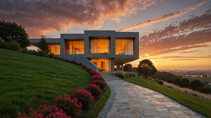 a golden path winds gently up a green hill, leading to a luxurious and imposing house at the top