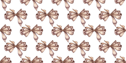 Brown satin bow pattern watercolor illustration. Silk hair ribbon isolated from background. For decorating and decorating souvenirs, cards, posters, objects, banners, textiles, scrapbooking.