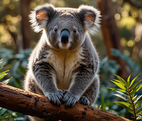Fototapeta premium a koala playfully perched on a branch in a radiant, lush mountain landscape