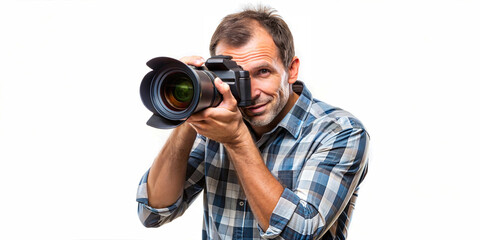 Fototapeta premium Photographer with camera. Professional photographer holds a camera ready to take a picture, white background. Professional photo shoot. 