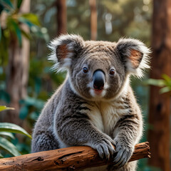 Obraz premium a koala playfully perched on a branch in a radiant, lush mountain landscape