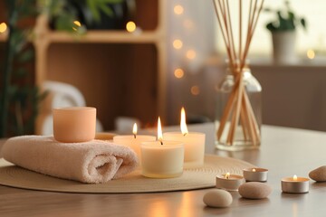 Candles burning, reed diffuser releasing aromatic scent. Spa salon interior design with modern, luxurious furniture. Blurred background for text overlay. Relaxing atmosphere for wellness,