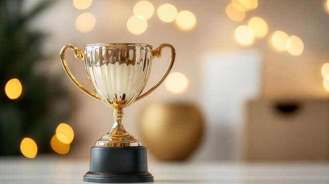 Shiny trophy on a table with blurred lights in the background, symbolizing achievement and victory