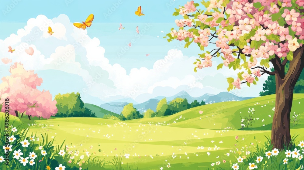 Canvas Prints a picturesque springtime landscape with blooming trees and butterflies.