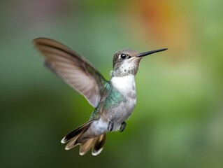 Fototapeta premium Close-up of flying Snowy-bellied hummingbird with soft wings, vibrant feathers, delicate beak. Colourful bird in aerial flight, hovering, fast, swift. Blurred background highlights bird beauty,