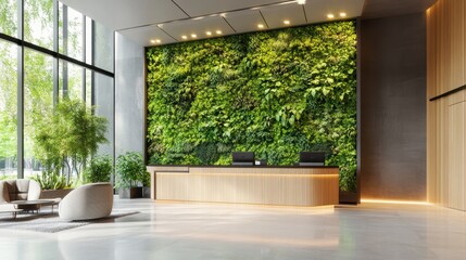 Modern office reception interior sustainable design elements that contribute to employee health.